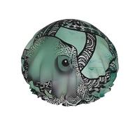 Green Octopus Print Shower Cap - Double Layer Breathable, Adjustable Elastic Strap, Durable Hotel Travel Essentials