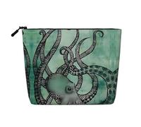 Green Octopus Printed Single-Layer Cosmetic Bag Faux Linen Material Large Capacity Coin Purse Travel and Business Trip Essential