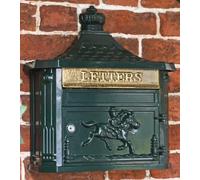 Green "Odell" Wall Mounted Post Box Cast Aluminium & Steel Letterbox with Lockable Door, Hooded Aperture, Pre-Drilled Mounting