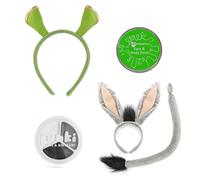 Green Ogre & Donkey Set - Grey Ears, Tail, Ogre Headband, Green Face Paint & Grey White Black Face Paint - Fun Dress-Up Accessory Kit for Adults Cosplay Halloween