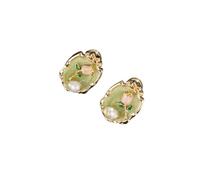 Green Oil Painting Style Flower Earrings Pearl - Accented Studs Vintage - Inspired Accessory Suitable for Weddings, Anniversaries, Parties, work and Daily Life