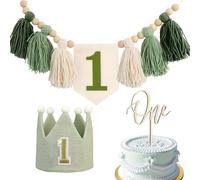 Green One 1st Birthday Decorations for Boys Girls 1st First Birthday High Chair Banner with Green 1st Birth Hat and One Cake Topper First Birth Highchair Banner for Party Decorations