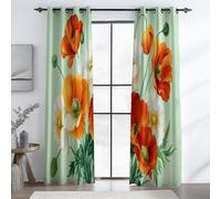 Green Orange 100% Blackout Curtain, Watercolor Florals Poppies Printing Eyelet Curtains Room Decoration, Polyester Thermal Insulated W 29.5" x L 65" (2 Panels) for Bedroom Living Room