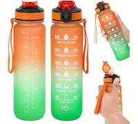 Green & Orange Bpa Free 1L Motivational Water Bottle With Straw Leakproof Flip Lid Sports Bottle With Time Marker
