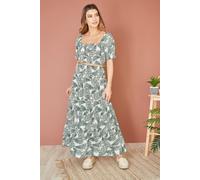 Green Organic Cotton Voile Palm Leaf Ruched Waist Midi Skirt Yumi Green 16