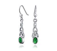 Green Oval Bezel Simulated Emerald Love Knot Dangle Irish Celtic Earrings For Women Teens Fish Hook .925 Sterling Silver 1.5 Inch Long
