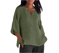 Green Oversized T Shirts for Women 3/4 Sleeve Tops Boho Cotton Linen Top V Neck Tshirt Ladies Long Tunic Tops Baggy Tee Y2k Summer Shirts Casual Loose Blouses for Going Out Holiday Beach