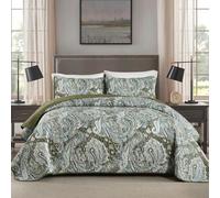Green Paisley Quilt Set King Size Boho Bedspread Coverlet Set 3 Pieces, Soft Lightweight Microfiber Dark Olive Green Paisley Floral Pattern Bedding Set for All Season, 110''x90''