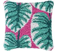 Green Palm Leaf Latch Hook Kits Pillow DIY Rug Crochet Hook Cushion Making Kits with Preprinted Pattern Canvas DIY Handmade Home Sofa Christmas Cushion Kits Decor 43x43cm
