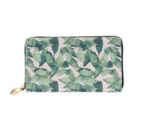 Green Palm Leaf Print Leather Wallet Cell Phone Credit Cards Wallet Leather Wallet for Women Zipper Pocket Black One Size Black One Size Black One Size, Black/White, One Size