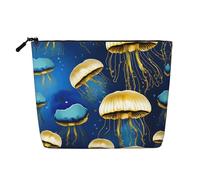 Green Palm Leaf Printed Reusable Cosmetic Bag â€“ Travel Toiletry Organizer, Zipper Pouch for Makeup Accessories, Blue and Gold Jellyfish, One Size