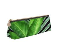 Green Palm Leaf Printed Triangle Leather Pencil Case for Girls Boys, Zipper Pencil Bag Pen Pouch Bag Organizer for Student School Office College
