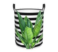 Green Palm Leaf Round Single-Layer Laundry Hamper With Full Wrap Print, Water-Resistant Polyester Fabric For Home Car Storage