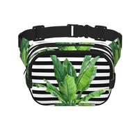 Green Palm Leaf Square Double-Layer Waist Bag with All-Over Print,Durable Twill Fabric, Multi-Pocket Fanny Pack for Outdoor Sports Travel