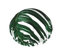 Green Palm Leafs Print Shower Cap - Double Layer, Breathable, Adjustable Elastic Strap, Durable Travel Essentials