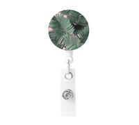 Green Palm Tree Leaves Pink Badge Reel Retractable Badge Holder with Keychain Id Clips for Badges Lightweight Plastic Name Card Holders for Nurses Office Teacher