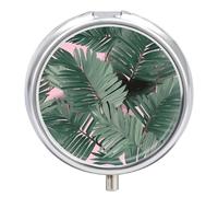 Green Palm Tree Leaves Pink Pill Box Cute Round Small Pill Organizer Portable with 3 Compartments Travel Metal Pill Case for Pocket Or Purse Privacy Protecting Medicine Box