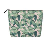 Green Palm Tree Leaves Pink Printed Single-Layer Cosmetic Bag Faux Linen Material Large Capacity Coin Purse Travel and Business Trip Essential