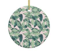 Green Palm Tree Leaves Pink Printing Christmas Tree Ceramic Hanging Ornament,Festive Baubles Adornment For Pathway Garden Patio