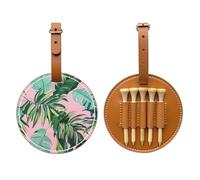 Green Palm Tree Leaves Printed Golf Tee Holder Fits 5 Tees, Brown PU Leather