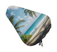Green Palm Trees Ocean Bike Seat Cover Waterproof Oxford Fabric, Universal Adjustable Bicycle Saddle Cover with Drawstring Easy Install Protective Rain Dust Covers for Women Men