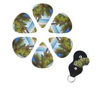 Green Palm Trees Ocean Guitar Picks 6 Pack, 0.46mm Thickness Celluloid Bass Pick with Leather Guitar Pick Holder Keychain Abstract Art Pics Plectrum for Acoustic Electric Guitar, Ukulele, Bass