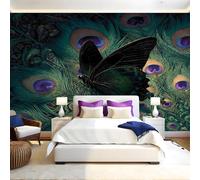 Green Panoramic Mural Wallpaper 390 x 260 cm Butterfly Peacock Feathers Wall Mural Non-Woven Art Print Wallpaper Living Room Bedroom Sofa TV Backdrop Decoration Poster Picture Photo