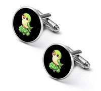 Green Parrot on Broccoli Round Classic Cufflinks Metal Cuff Links for Men Suit Shirts Accessories Anniversary Birthday Gift 2.0cm