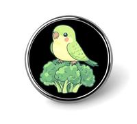 Green Parrotlet Bird Broccoli Round Brooch Pins Badge Printed Button Tie Lapel Backpack Pin Decoration for Women Men