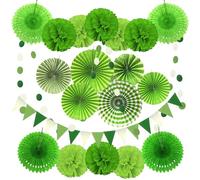 Green Party Decoration,Green Hanging Paper Fans, Pom Poms Flowers, Garlands String Polka Dot and Triangle Bunting Flags for Wedding Birthday Graduation Christmas Party Decorations 20 Pcs