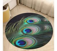 Green Peacock Feather Area Rug Washable Circle Carpet Non-Slip Round Floor Rug Small Low Pile Waterproof Print Door Mat Pad Decor for Bedroom Living Room Bathroom Kitchen 80 * 80cm