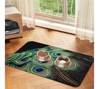 Green Peacock Feather Dog Food Mats for Floors, 12x18 Inch Non-Slip Super Absorbent Pet Food Mat, Dishwasher Dog Mat for Food and Water, Cute Rubber Quick Dry Pet Feeding Mat for Dogs Puppy Cats