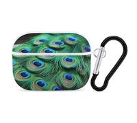 Green Peacock Feather Earbuds Organizer Shockproof Protective Airpods Pro Cover with Carabiner Clip Anti Fall Carrying Earphone Case Cover for Airpods Pro 2nd Generation White