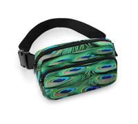 Green Peacock Feather Fanny Pack Belt Bag with Adjustable Strap Fashion Waist Bag for Outdoor Sports Hiking, white, 20x13cm, Full Printed Waist Bag