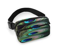 Green Peacock Feather Fanny Pack Belt Bag with Adjustable Strap Fashion Waist Bag for Outdoor Sports Hiking, white, 20x13cm, Full Printed Waist Bag