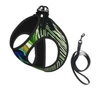 Green Peacock Feather Print Adjustable Reflective Harness Leash Set For Cats, Dogs And Small Pets, Soft Breathable Mesh Walking Vest With Escape-Proof Lead