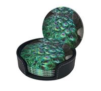 Green Peacock Feather Print Coaster With Storage Box For Home, Office, And Restaurant Use