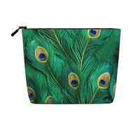 Green Peacock Feather Print Cosmetic Bag for Women,Faux Linen Makeup Bag Large Capacity,Perfect for Travel Daily Use
