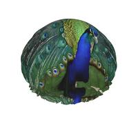 (Green Peacock Feather) Print Double Layer Waterproof Shower Cap for Long Hair - Reusable Bath Hair Protection with Elastic Band for Women Travel.