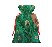 Green Peacock Feather Print Drawstring Pouch For Gifts,Reusable Adorable Gift Bags,Perfect For Jewelry And More