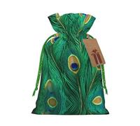 Green Peacock Feather Print Drawstring Pouch For Gifts,Reusable Adorable Gift Bags,Perfect For Jewelry And More