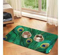 Green Peacock Feather Print Pet Feeding Mat Dog Mat for Food and Water Bowl Dogs Water Dispenser Mat Dogs Accessories