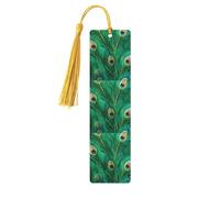 Green Peacock Feather Print Wooden Bookmarks with Tassels, Wood Book Markers for Book Lovers, Teachers & Present