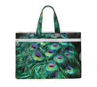 Green Peacock Feather Printed Document Bag Teacher Canvas File Tote Bag Pouch for Work, Casual Handbag for Office School Travel Beach