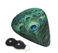 Green Peacock Feather Printed Guitar Picks, 6 Pack with Leather Keychain Pick Holder - 0.46mm, 0.71mm, 0.96mm Assorted Thickness for Acoustic Ukulele, Electric Guitar, Acoustic Guitar, Bass