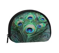 Green Peacock Feather Printed Mini Coin Pouch, Shell Shape Zip Around Wallet, Small Zipper Pouch for Cash, Cards, Keys, Lipstick, Storage Pouch, Travel Organizer