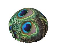 Green Peacock Feather Shower Cap for Women Double Layers Thick Hair Caps Reusable Waterproof Bath Caps with Elastic Band Hair Hat Washable Shower Hat for Men Women Spa Salon