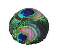 Green Peacock Feather Shower Cap for Women Men Large Reusable Shower Bonnet Double-Layer Waterproof Bath Caps Elastic Band Hair Hat for All Hairstyles, Travel-Friendly
