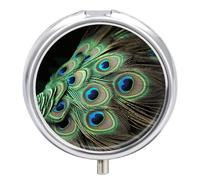 Green Peacock Feather Travel Pill Box Case 3 Compartment Cute Pill Organizer Metal Pill Holder with Mirror Small Medicine Organizer Daily Pill Container for Purse Pocket Portable Meds Box