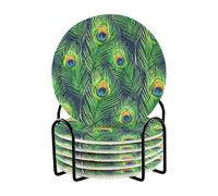 Green Peacock Feathers Blue Absorbent Mug Coasters Set, 6 Pcs Art Desk Cup Coaster, Vivid Coffee Coasters Set